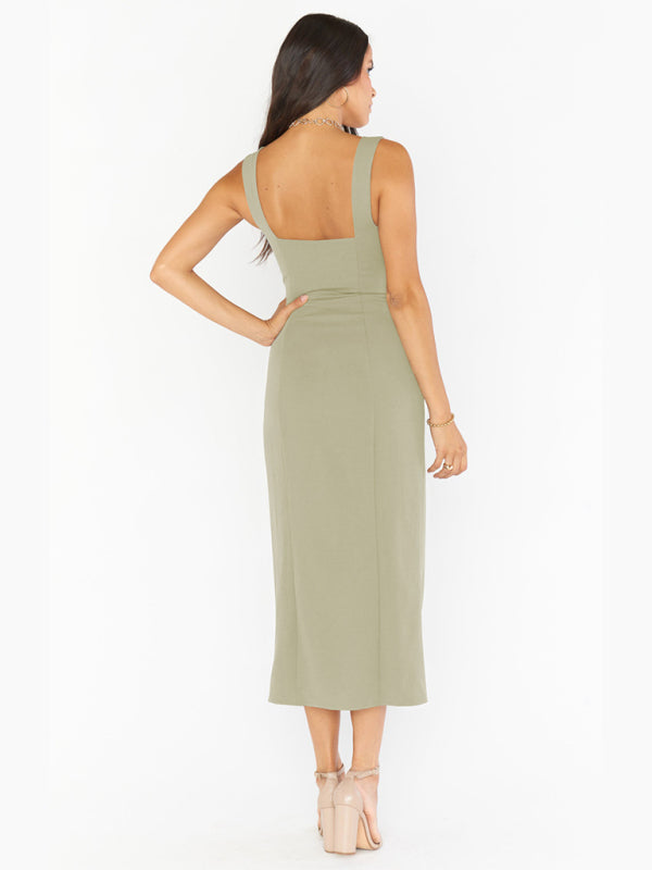 Midi Dresses- Elegant Square Neck Bridesmaid High Slit Dress- - IndioGear Fashion and Gear