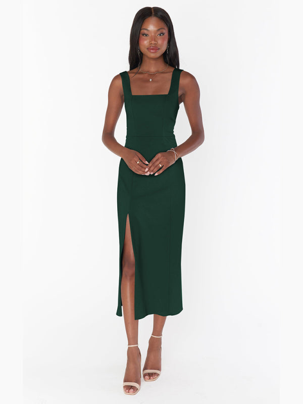 Midi Dresses- Elegant Square Neck Bridesmaid High Slit Dress- - IndioGear Fashion and Gear