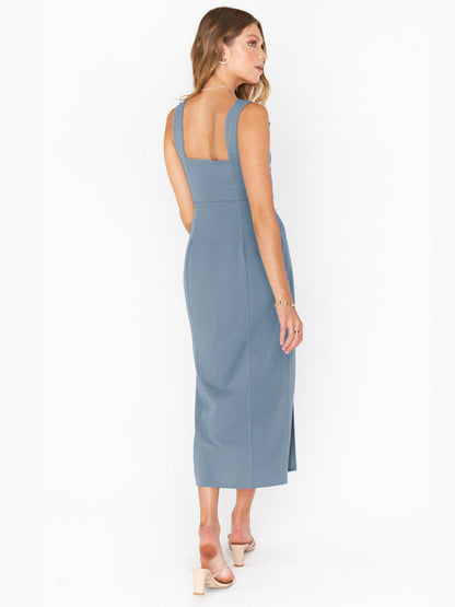 Midi Dresses- Elegant Square Neck Bridesmaid High Slit Dress- - IndioGear Fashion and Gear