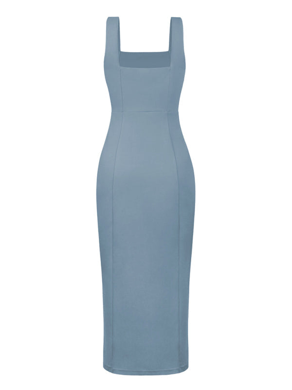 Midi Dresses- Elegant Square Neck Bridesmaid High Slit Dress- - IndioGear Fashion and Gear