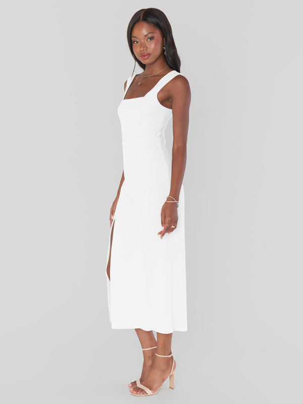 Midi Dresses- Elegant Square Neck Bridesmaid High Slit Dress- - IndioGear Fashion and Gear