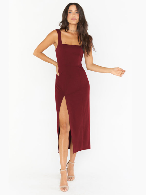 Midi Dresses- Elegant Square Neck Bridesmaid High Slit Dress- - IndioGear Fashion and Gear