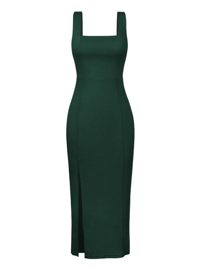 Midi Dresses- Elegant Square Neck Bridesmaid High Slit Dress- - IndioGear Fashion and Gear