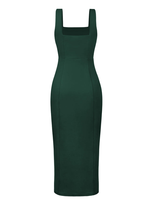 Midi Dresses- Elegant Square Neck Bridesmaid High Slit Dress- - IndioGear Fashion and Gear