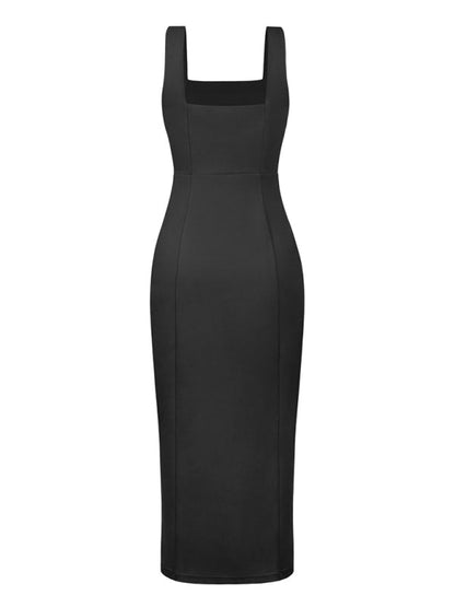 Midi Dresses- Elegant Square Neck Bridesmaid High Slit Dress- - IndioGear Fashion and Gear