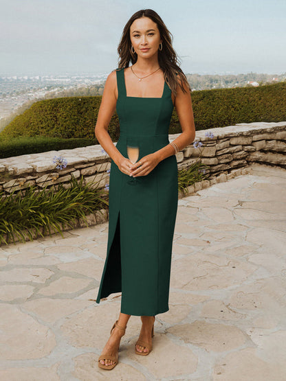 Midi Dresses- Elegant Square Neck Bridesmaid High Slit Dress- Green- IndioGear Fashion and Gear