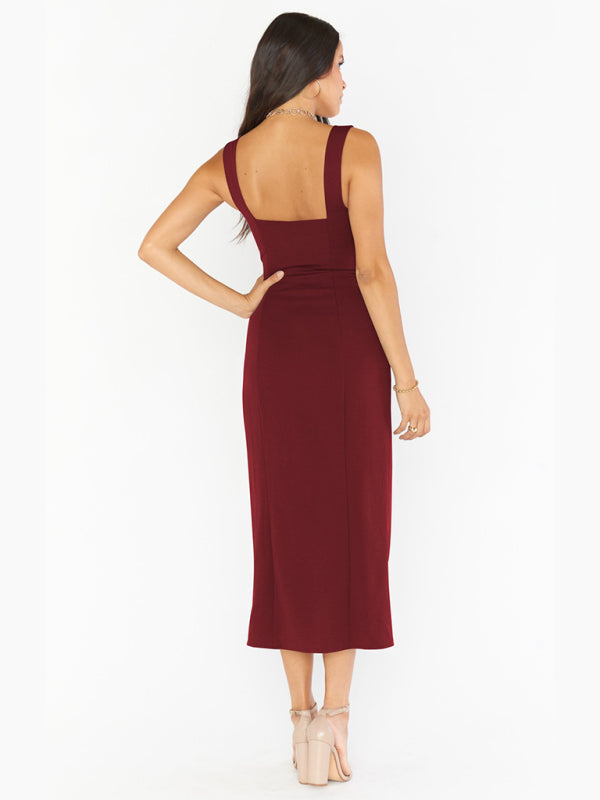 Midi Dresses- Elegant Square Neck Bridesmaid High Slit Dress- - IndioGear Fashion and Gear