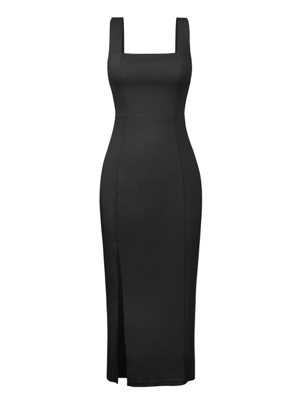 Midi Dresses- Elegant Square Neck Bridesmaid High Slit Dress- - IndioGear Fashion and Gear