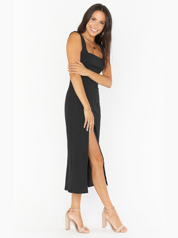 Midi Dresses- Elegant Square Neck Bridesmaid High Slit Dress- - IndioGear Fashion and Gear