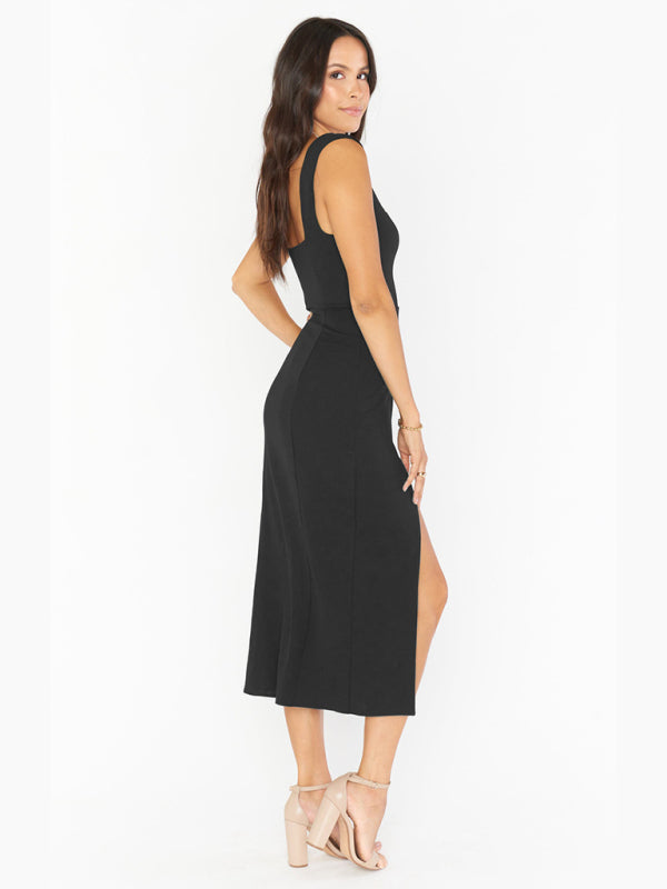 Midi Dresses- Elegant Square Neck Bridesmaid High Slit Dress- - IndioGear Fashion and Gear