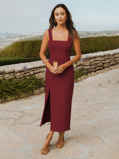 Midi Dresses- Elegant Square Neck Bridesmaid High Slit Dress- Wine Red- IndioGear Fashion and Gear