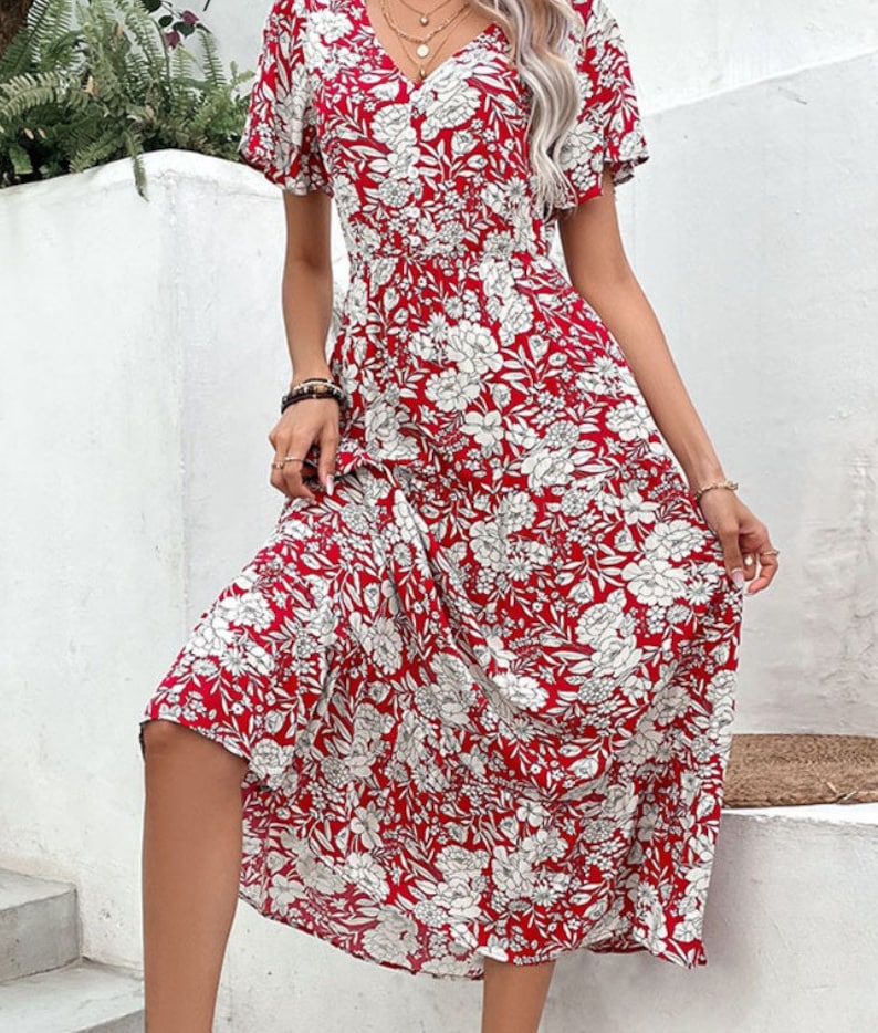 Midi Dresses- Elegant V Neck Midi Dress with Romantic Floral Print & Button Front- - IndioGear Fashion and Gear