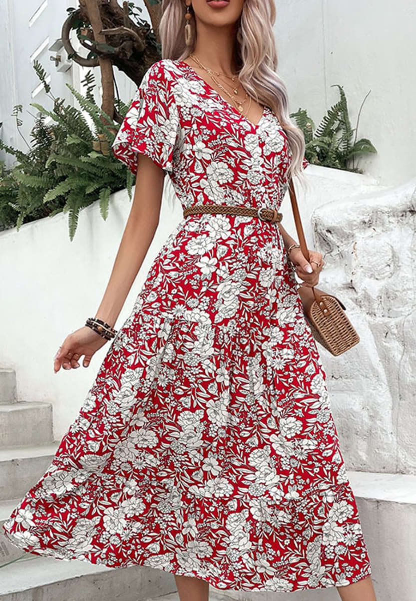 Midi Dresses- Elegant V Neck Midi Dress with Romantic Floral Print & Button Front- - IndioGear Fashion and Gear