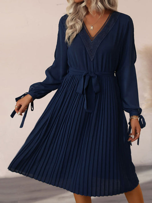 Midi Dresses- Elegant Women's Long Sleeves Pleated Midi Dress with V Neck Lace Trim- Purplish blue navy- IndioGear Fashion and Gear