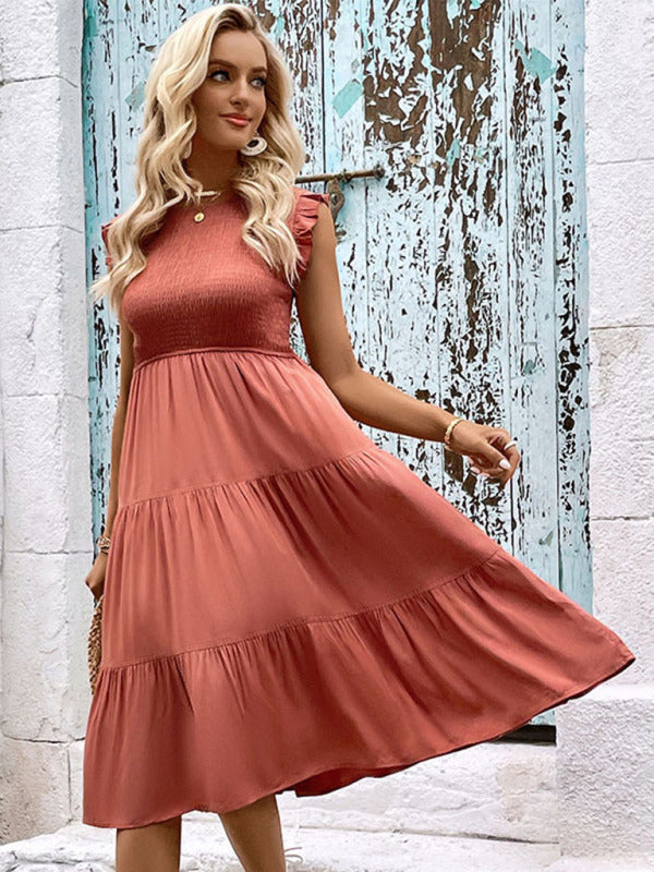 Midi Dresses- Elegant Women's Smocked Tiered Midi Dress for All Occasions- - IndioGear Fashion and Gear