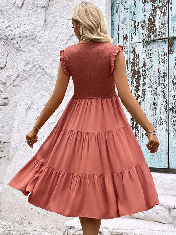 Midi Dresses- Elegant Women's Smocked Tiered Midi Dress for All Occasions- - IndioGear Fashion and Gear