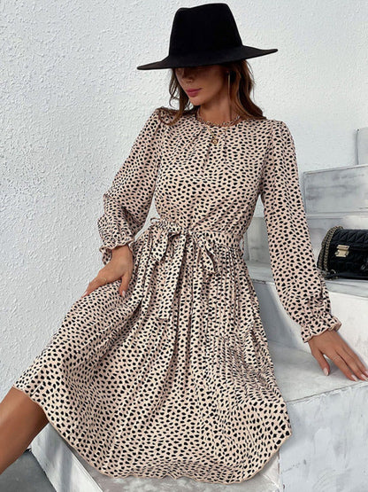 Midi Dresses- Fall Animal Print Round Neck Belted Tie Dress- - IndioGear Fashion and Gear