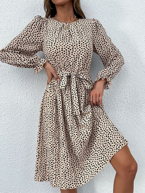 Midi Dresses- Fall Animal Print Round Neck Belted Tie Dress- Cracker khaki- IndioGear Fashion and Gear