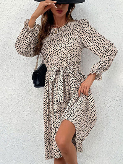 Midi Dresses- Fall Animal Print Round Neck Belted Tie Dress- - IndioGear Fashion and Gear