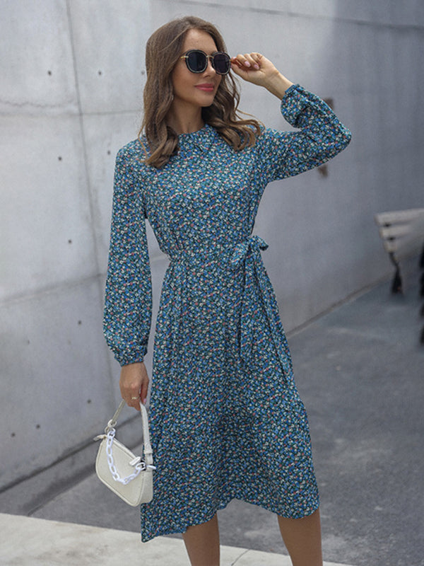 Midi Dresses- Floral A-Line Midi Dress with Long Sleeves & Tie-Belt- - IndioGear Fashion and Gear