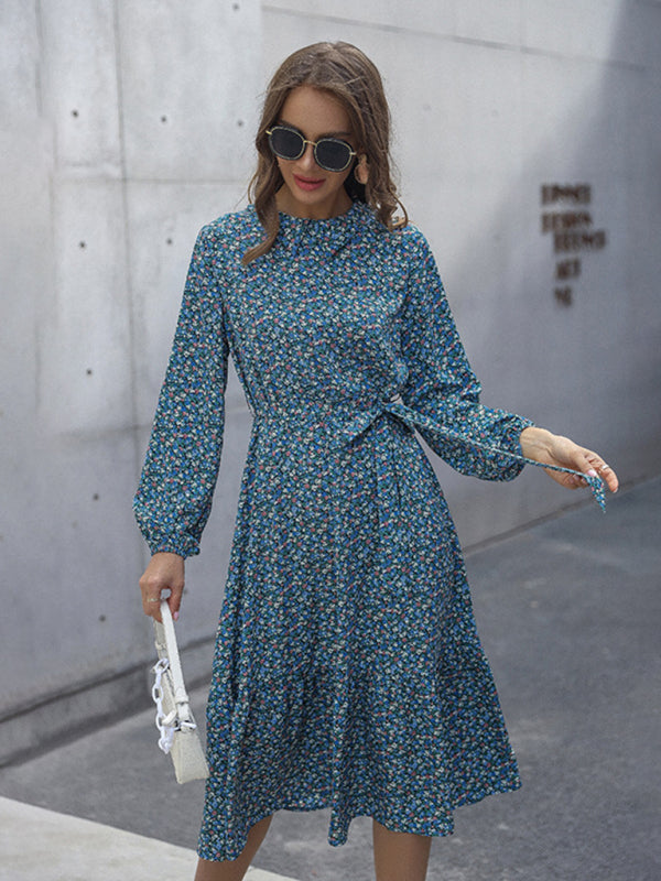 Midi Dresses- Floral A-Line Midi Dress with Long Sleeves & Tie-Belt- Blue- IndioGear Fashion and Gear