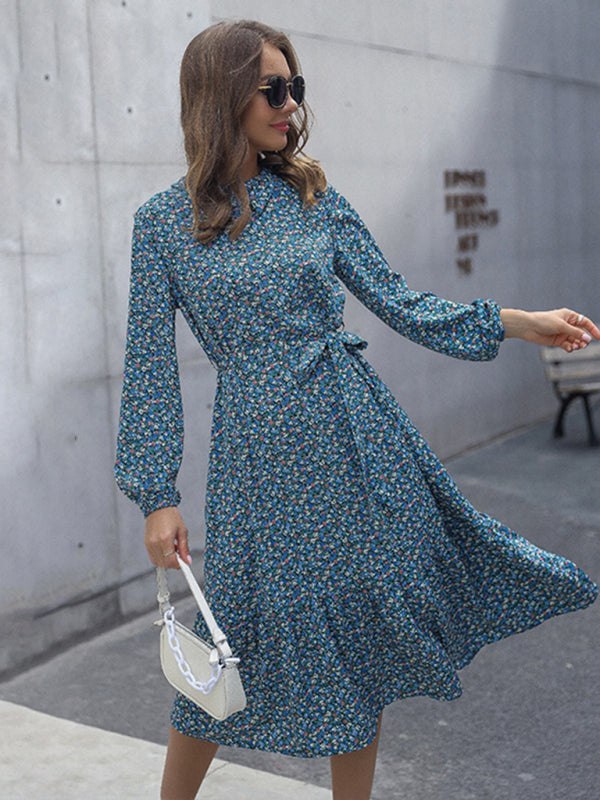 Midi Dresses- Floral A-Line Midi Dress with Long Sleeves & Tie-Belt- - IndioGear Fashion and Gear