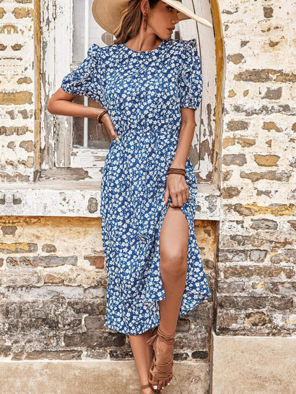 Midi Dresses- Floral Adjustable Waist Crew Neck Dress- Blue- IndioGear Fashion and Gear