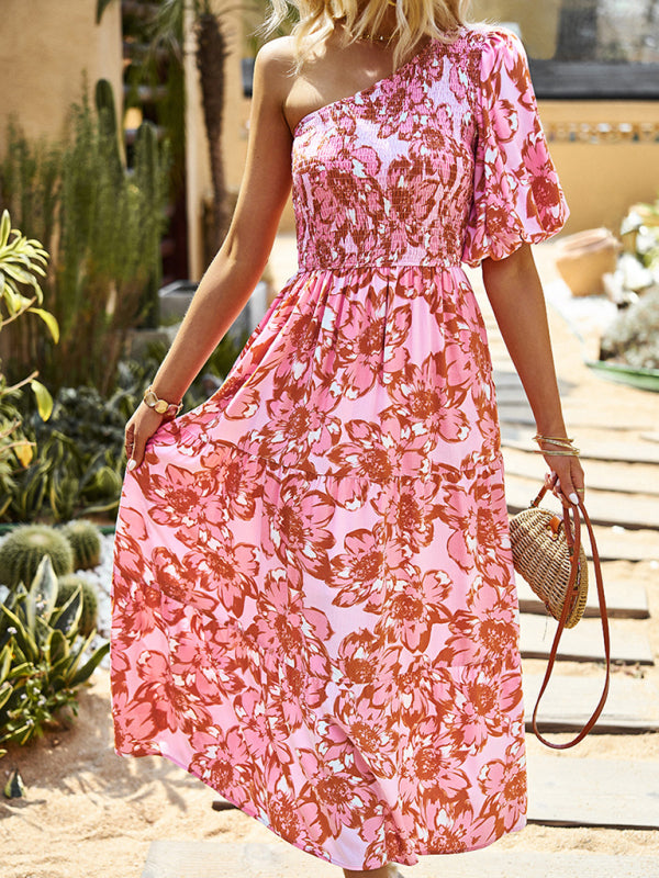 Midi Dresses- Floral Boho One Shoulder Tiered Smocked Midi Dress With Puff Sleeves- - IndioGear Fashion and Gear