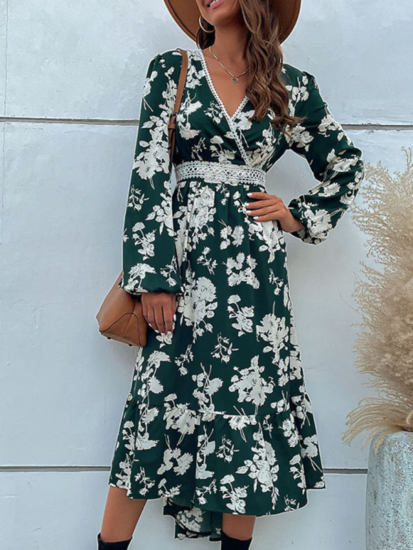 Midi Dresses- Floral Surplice V Neck Long Sleeve Dress- - IndioGear Fashion and Gear