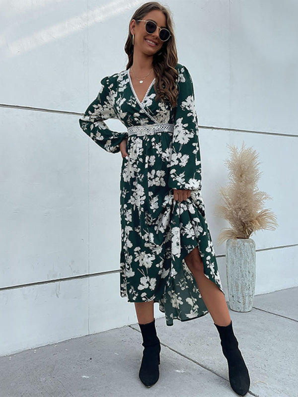 Midi Dresses- Floral Surplice V Neck Long Sleeve Dress- - IndioGear Fashion and Gear