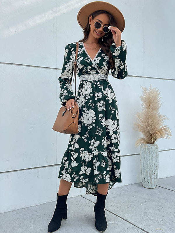 Midi Dresses- Floral Surplice V Neck Long Sleeve Dress- - IndioGear Fashion and Gear