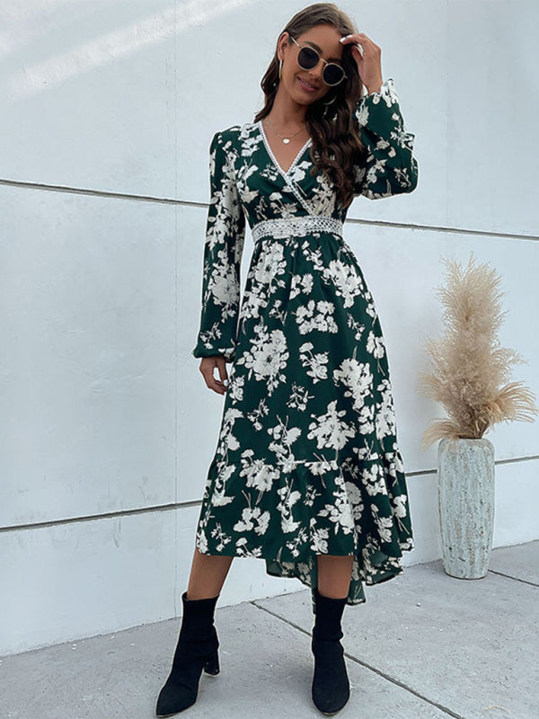 Midi Dresses- Floral Surplice V Neck Long Sleeve Dress- - IndioGear Fashion and Gear