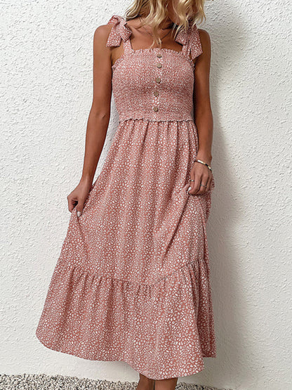 Midi Dresses- Floral Tiered Smocked Shoulder Tie Cami Midi Dress- Pink- IndioGear Fashion and Gear