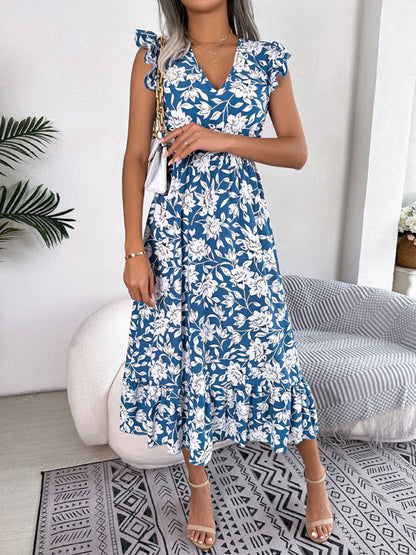 Midi Dresses- Floral V-Neck A-Line Midi Dress with Gathered Waist and Ruffle Frills- - IndioGear Fashion and Gear