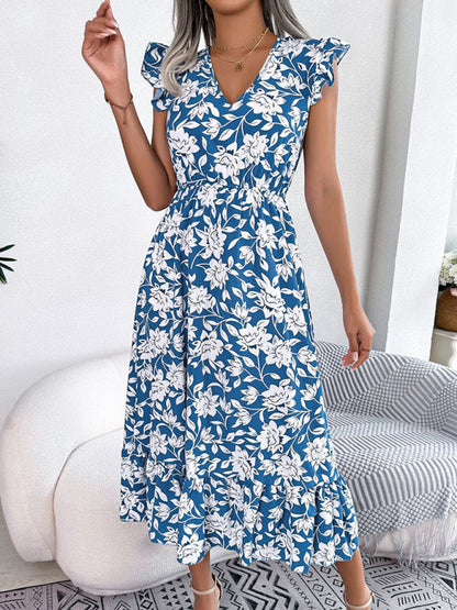 Midi Dresses- Floral V-Neck A-Line Midi Dress with Gathered Waist and Ruffle Frills- - IndioGear Fashion and Gear