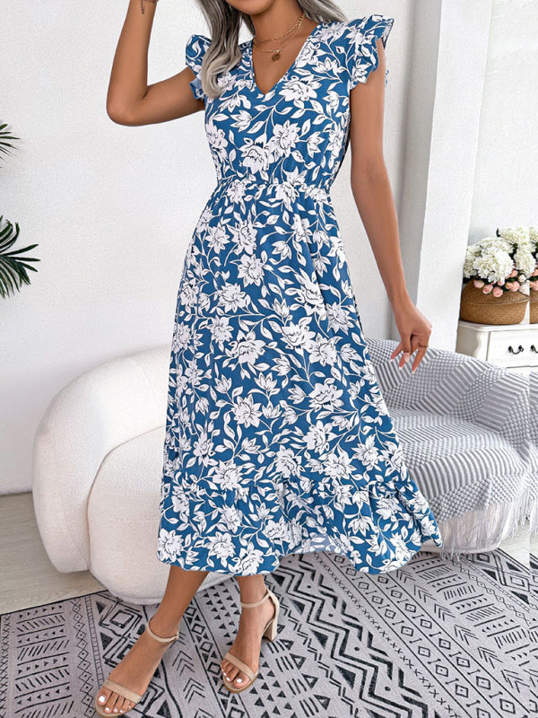 Midi Dresses- Floral V-Neck A-Line Midi Dress with Gathered Waist and Ruffle Frills- - IndioGear Fashion and Gear