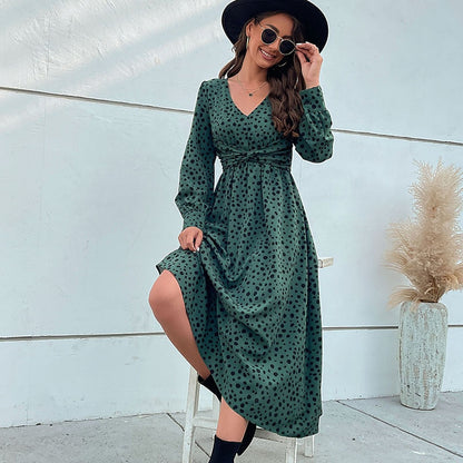 Midi Dresses- Hurry! Green Leopard Midi Dress with Trendy Knot-front & Long Sleeves- - IndioGear Fashion and Gear