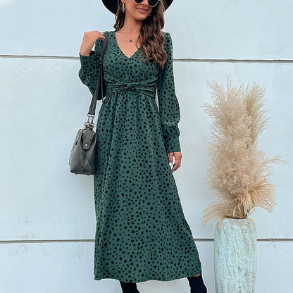 Midi Dresses- Hurry! Green Leopard Midi Dress with Trendy Knot-front & Long Sleeves- - IndioGear Fashion and Gear