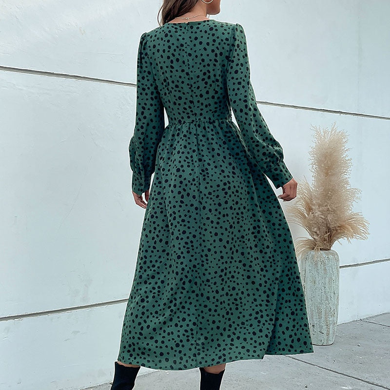 Midi Dresses- Hurry! Green Leopard Midi Dress with Trendy Knot-front & Long Sleeves- - IndioGear Fashion and Gear