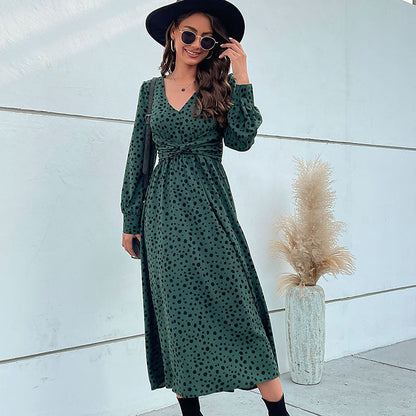 Midi Dresses- Hurry! Green Leopard Midi Dress with Trendy Knot-front & Long Sleeves- Green black jasper- IndioGear Fashion and Gear