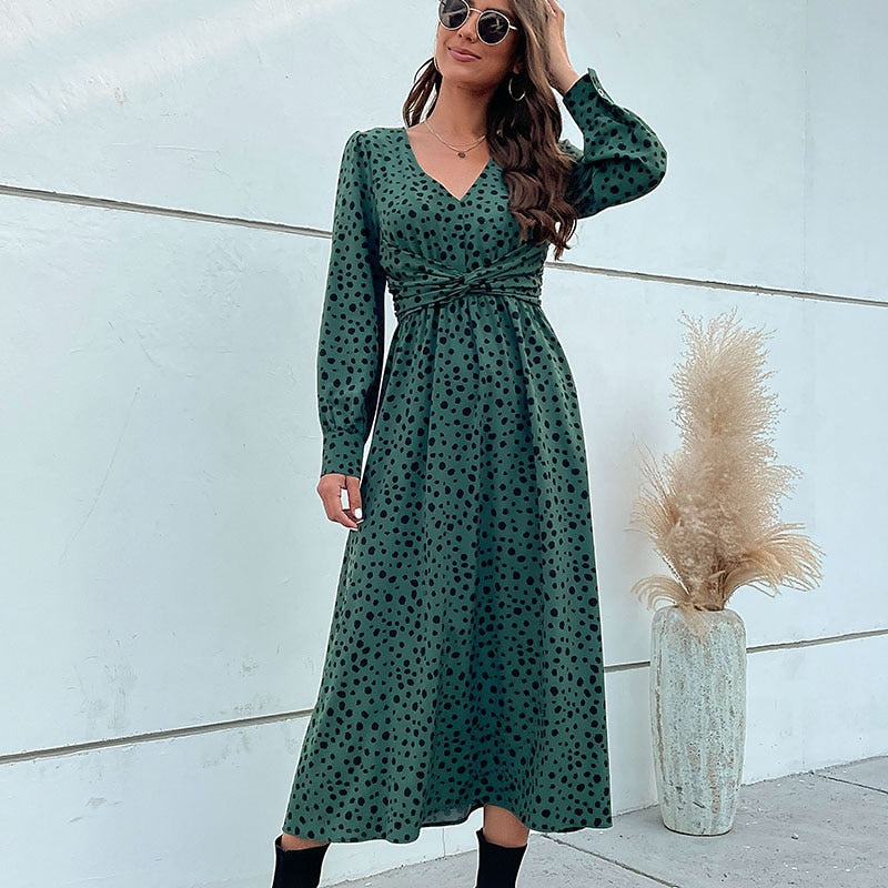 Midi Dresses- Hurry! Green Leopard Midi Dress with Trendy Knot-front & Long Sleeves- - IndioGear Fashion and Gear