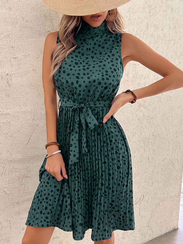 Midi Dresses- Leopard Print High Neck Belt Tie Pleated Midi Dress- Green- IndioGear Fashion and Gear