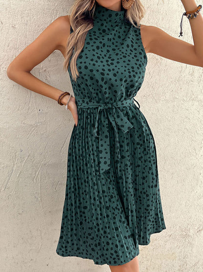 Midi Dresses- Leopard Print High Neck Belt Tie Pleated Midi Dress- - IndioGear Fashion and Gear