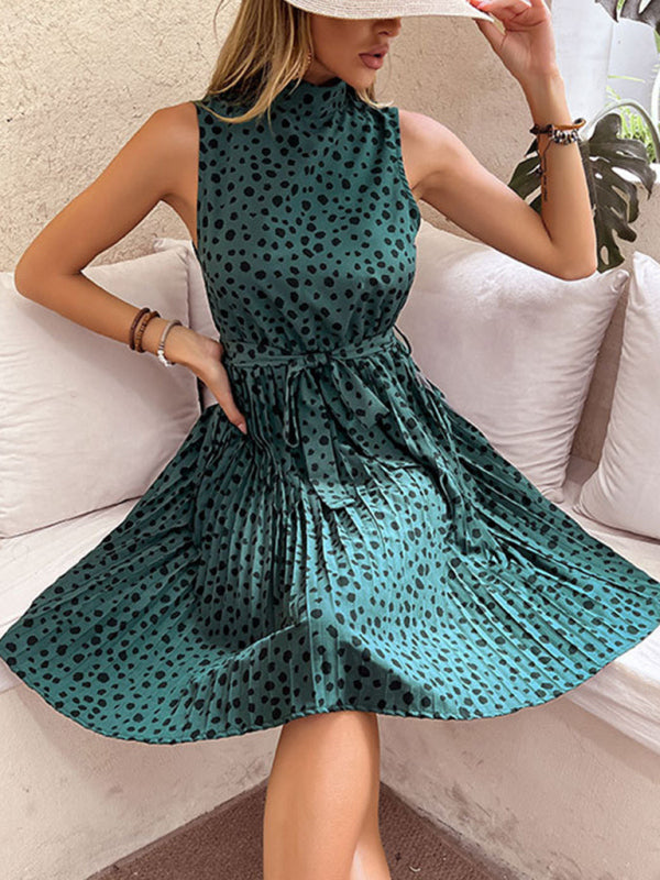 Midi Dresses- Leopard Print High Neck Belt Tie Pleated Midi Dress- - IndioGear Fashion and Gear