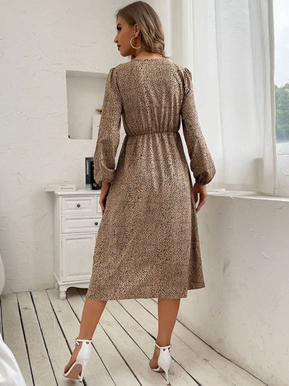 Midi Dresses- Leopard Print Long Sleeve V-Neck Dress with Button-Up Front and Tie-Waist- - IndioGear Clothing and Gear