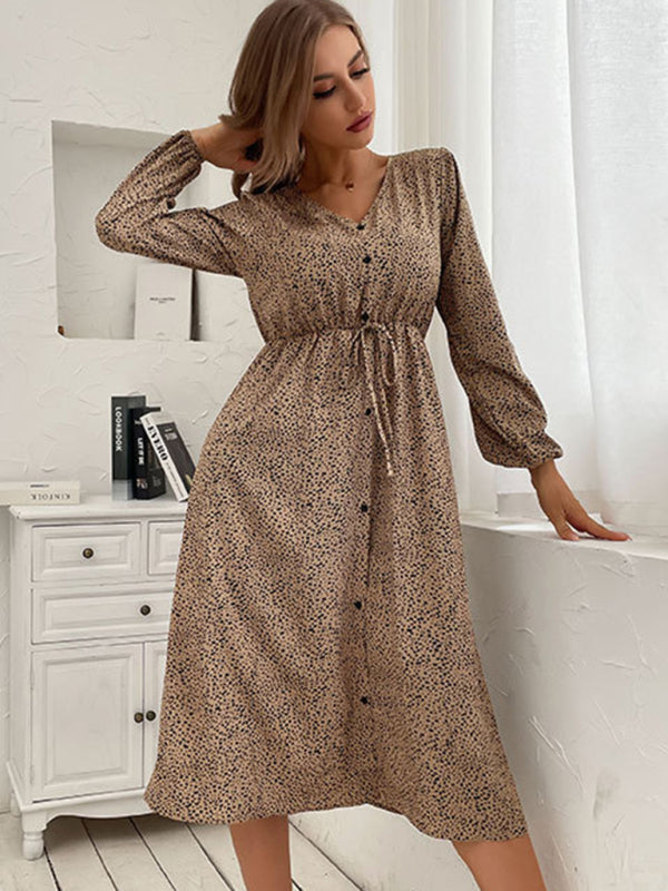 Midi Dresses- Leopard Print Long Sleeve V-Neck Dress with Button-Up Front and Tie-Waist- - IndioGear Clothing and Gear