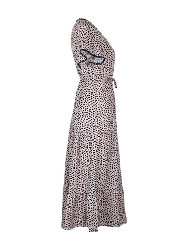 Midi Dresses- Leopard Print Maxi Midi Dress: Tiered Adjustable Waist-Tie Dresses- - IndioGear Fashion and Gear