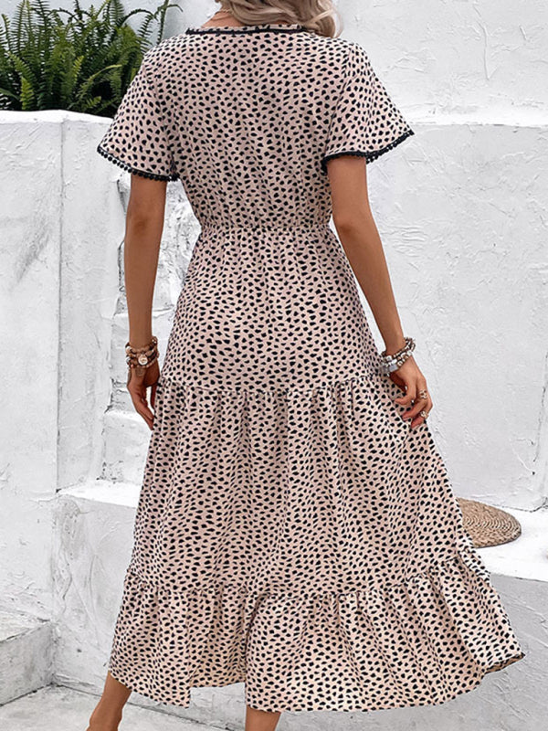 Midi Dresses- Leopard Print Maxi Midi Dress: Tiered Adjustable Waist-Tie Dresses- - IndioGear Fashion and Gear