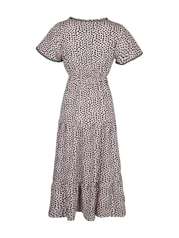 Midi Dresses- Leopard Print Maxi Midi Dress: Tiered Adjustable Waist-Tie Dresses- - IndioGear Fashion and Gear