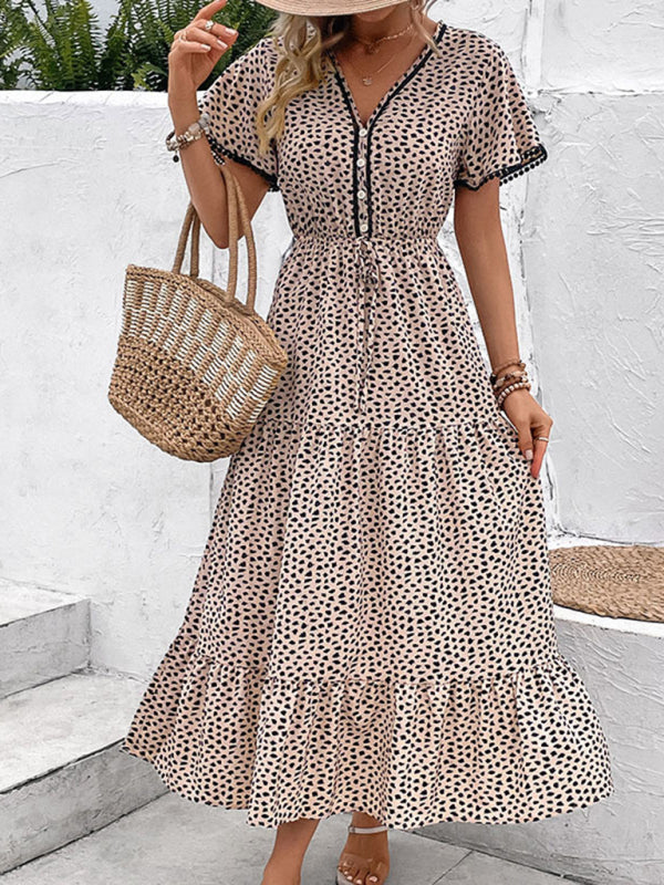 Midi Dresses- Leopard Print Maxi Midi Dress: Tiered Adjustable Waist-Tie Dresses- - IndioGear Fashion and Gear